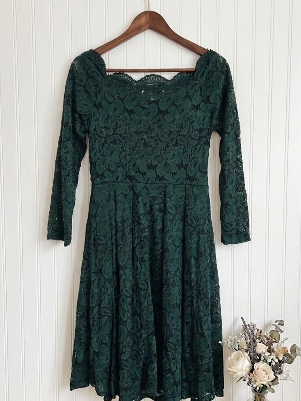 Forest Green Lace Long Sleeve Fit & Flare Dress